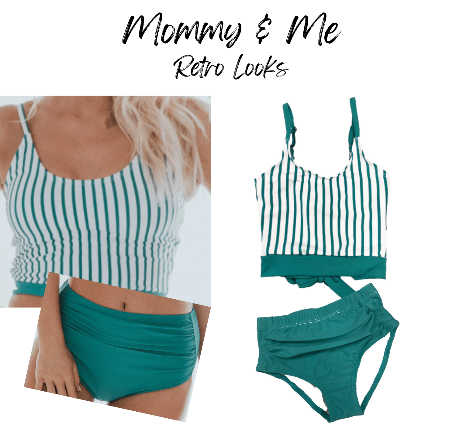 retro green stripes matching swimsuits mother daughter